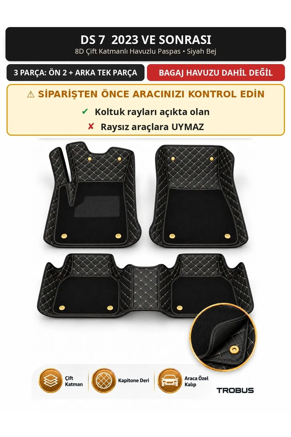 DS 7 2023+ 8D Çift Katmanlı Havuzlu Paspas Kapitone Deri Siyah Bej 1