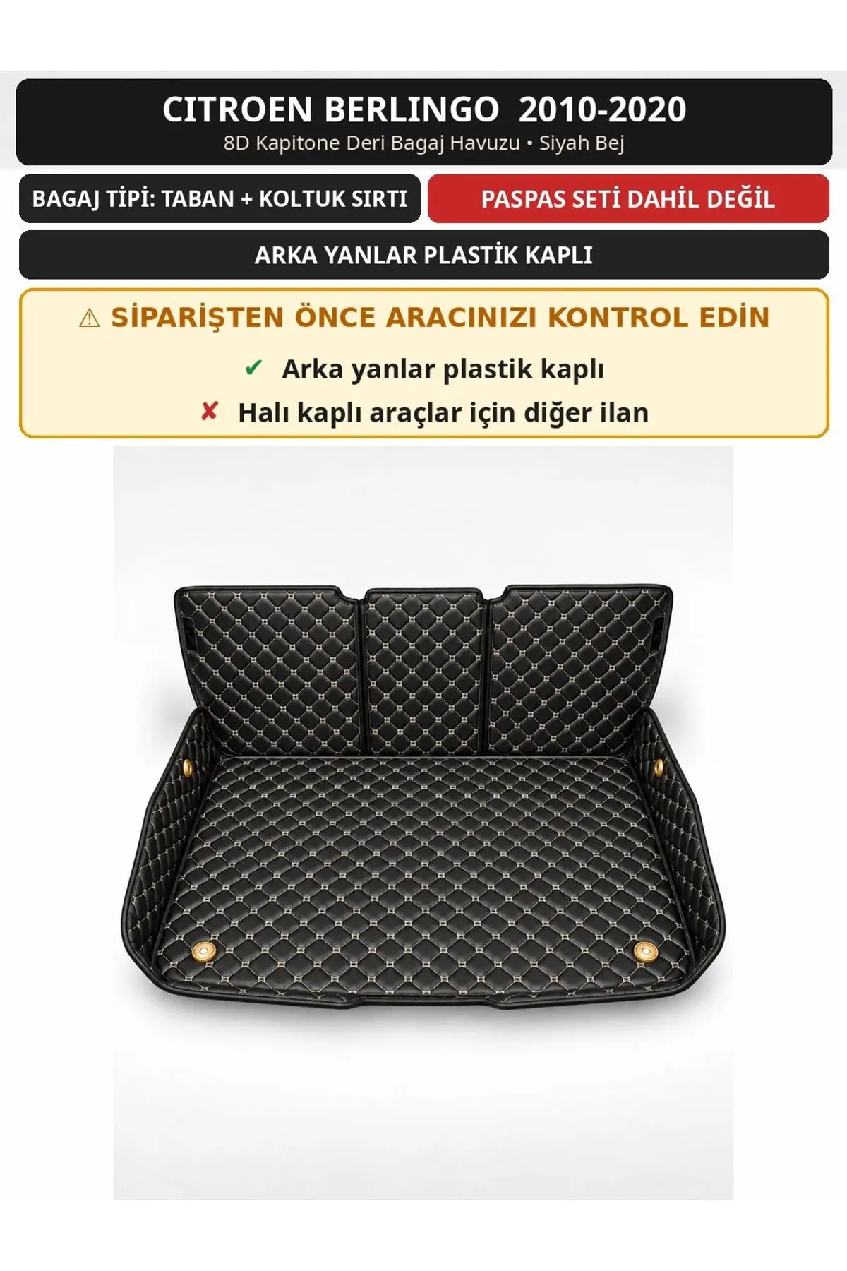 Citroen Berlingo 2010-2020 Arka Yan Plastik 8D Deri Bagaj Havuzu Sırt Kaplamalı Siyah Bej 1