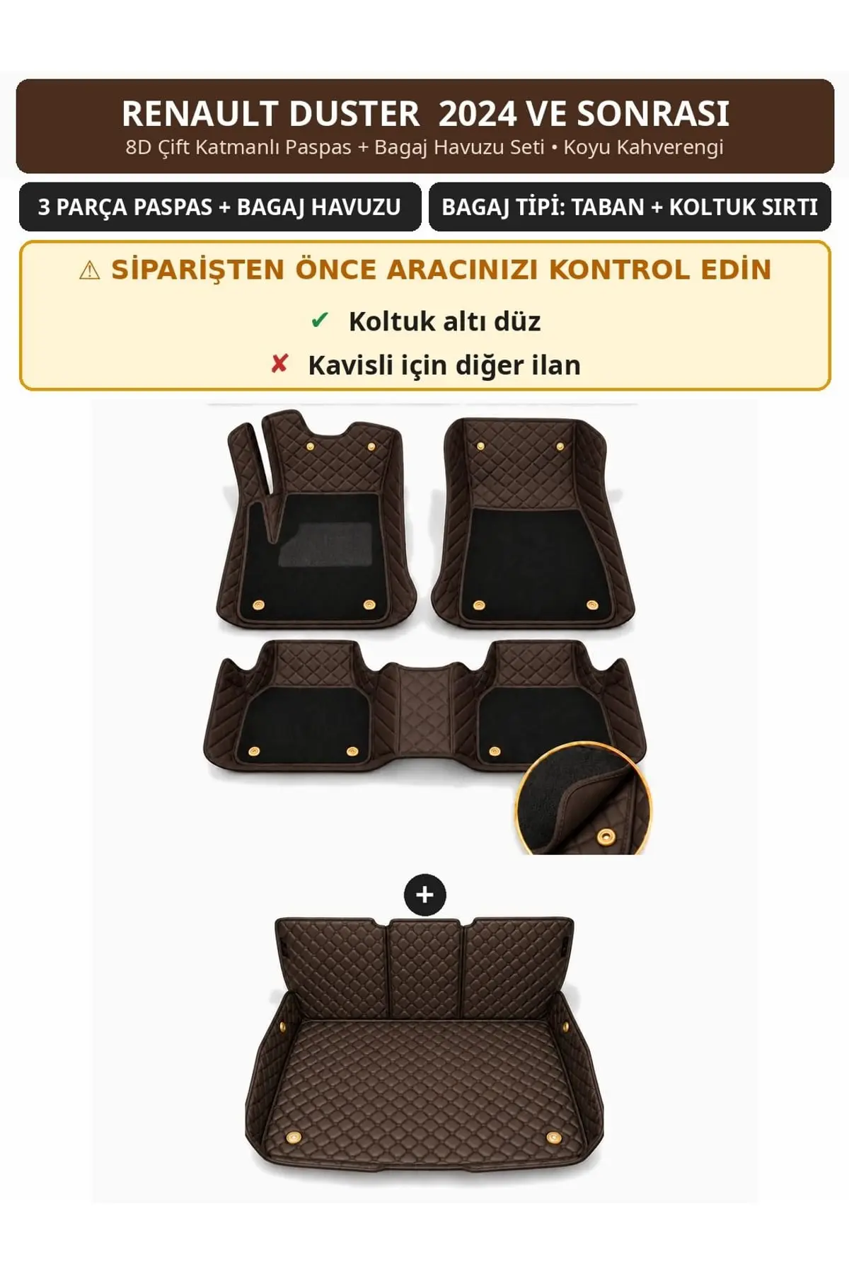 Renault Duster 2024+ Düz Koltuk Altı 8D Çift Katmanlı Paspas + Bagaj Havuzu Seti Koyu Kahverengi 1