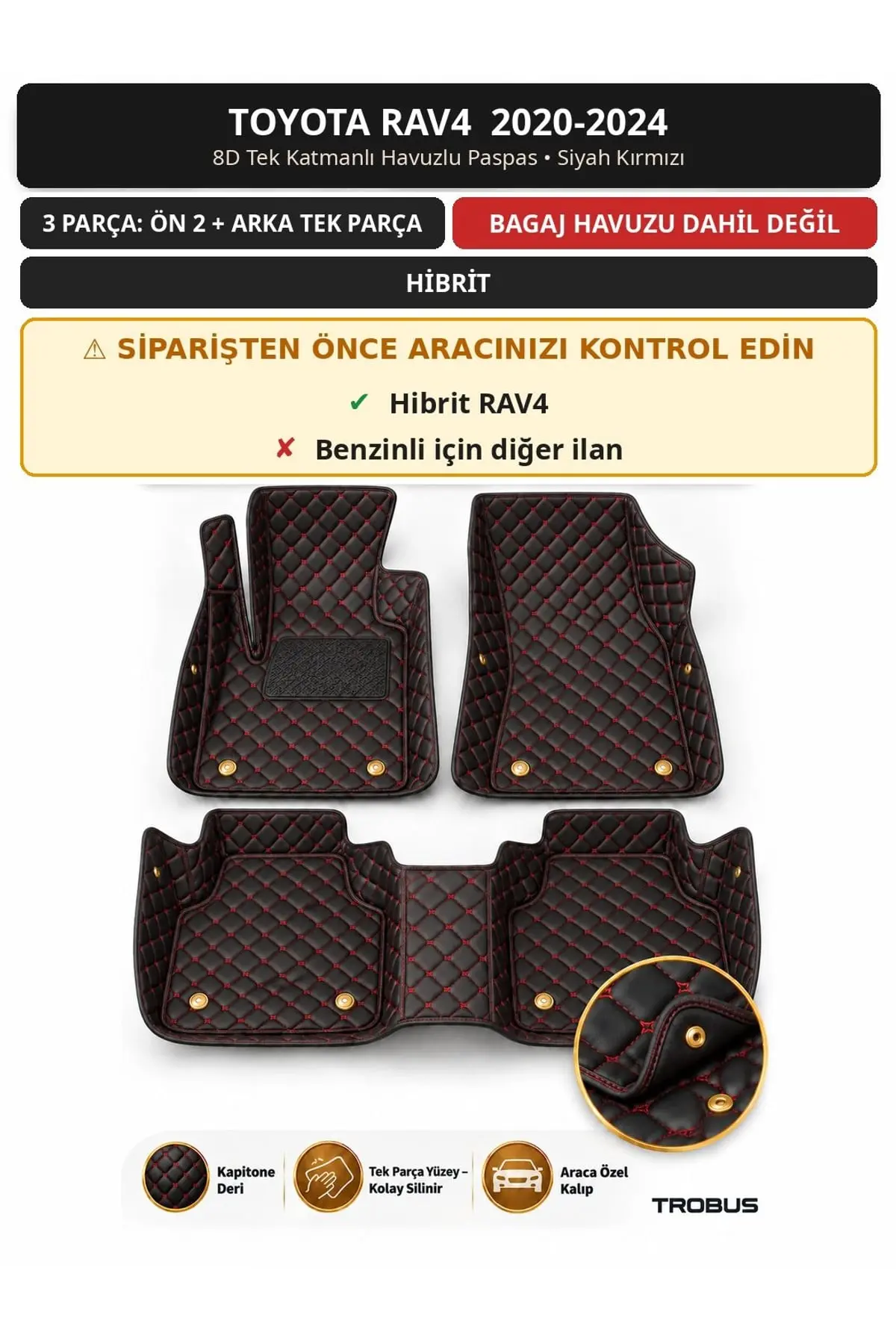 Toyota RAV4 2020-2024 Hibrit 8D Tek Katmanlı Havuzlu Paspas Kapitone Deri Siyah Kırmızı 1