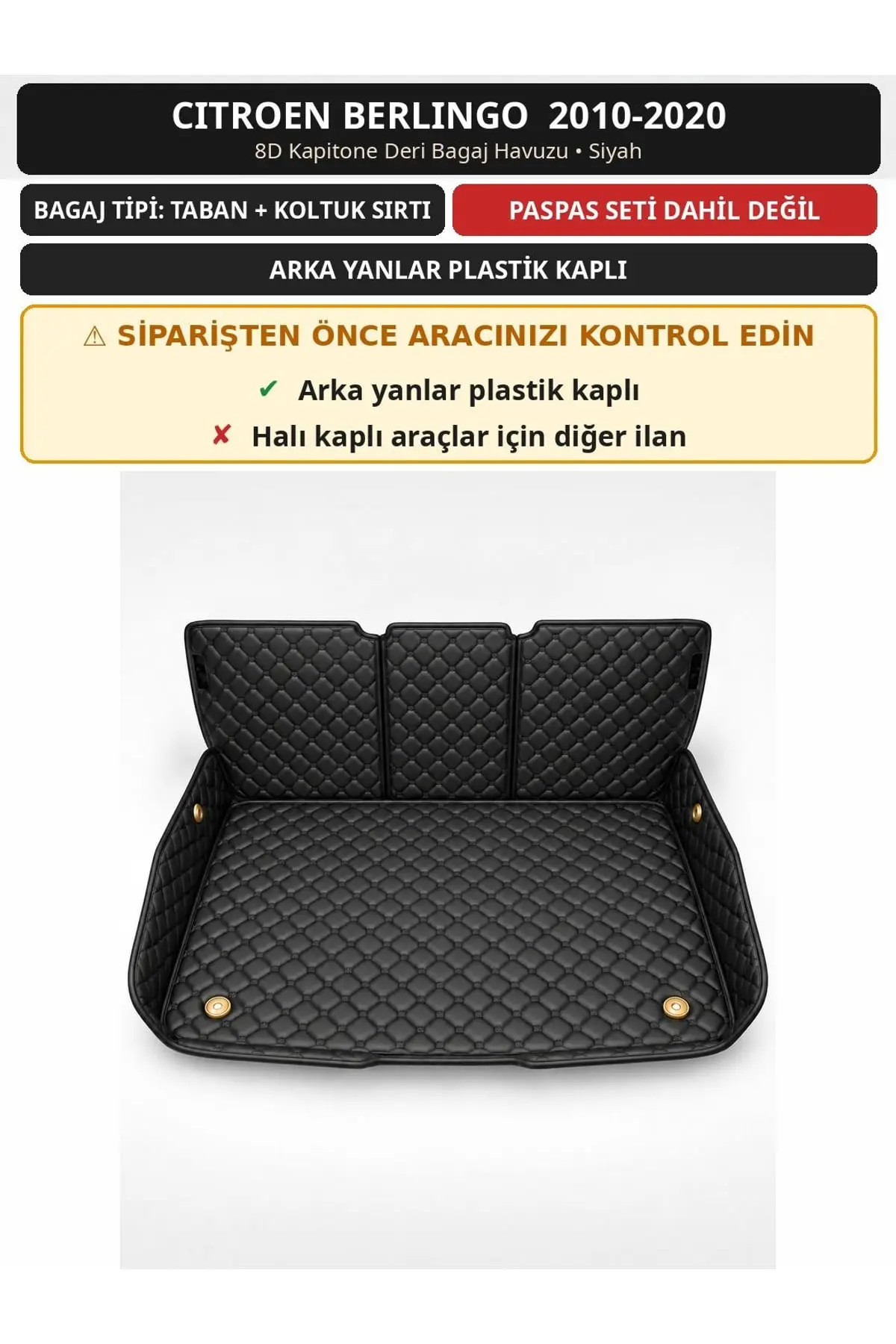Citroen Berlingo 2010-2020 Arka Yan Plastik 8D Kapitone Deri Bagaj Havuzu Sırt Kaplamalı Siyah 1