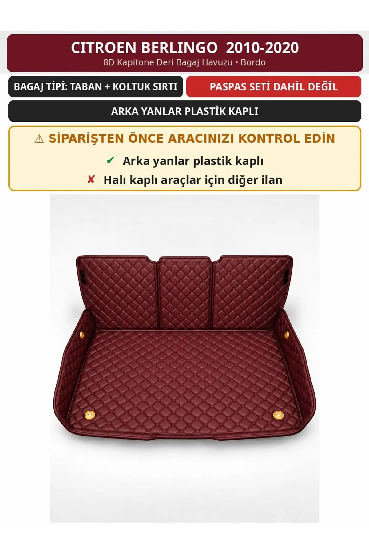 Citroen Berlingo 2010-2020 Arka Yan Plastik 8D Kapitone Deri Bagaj Havuzu Sırt Kaplamalı Bordo 1