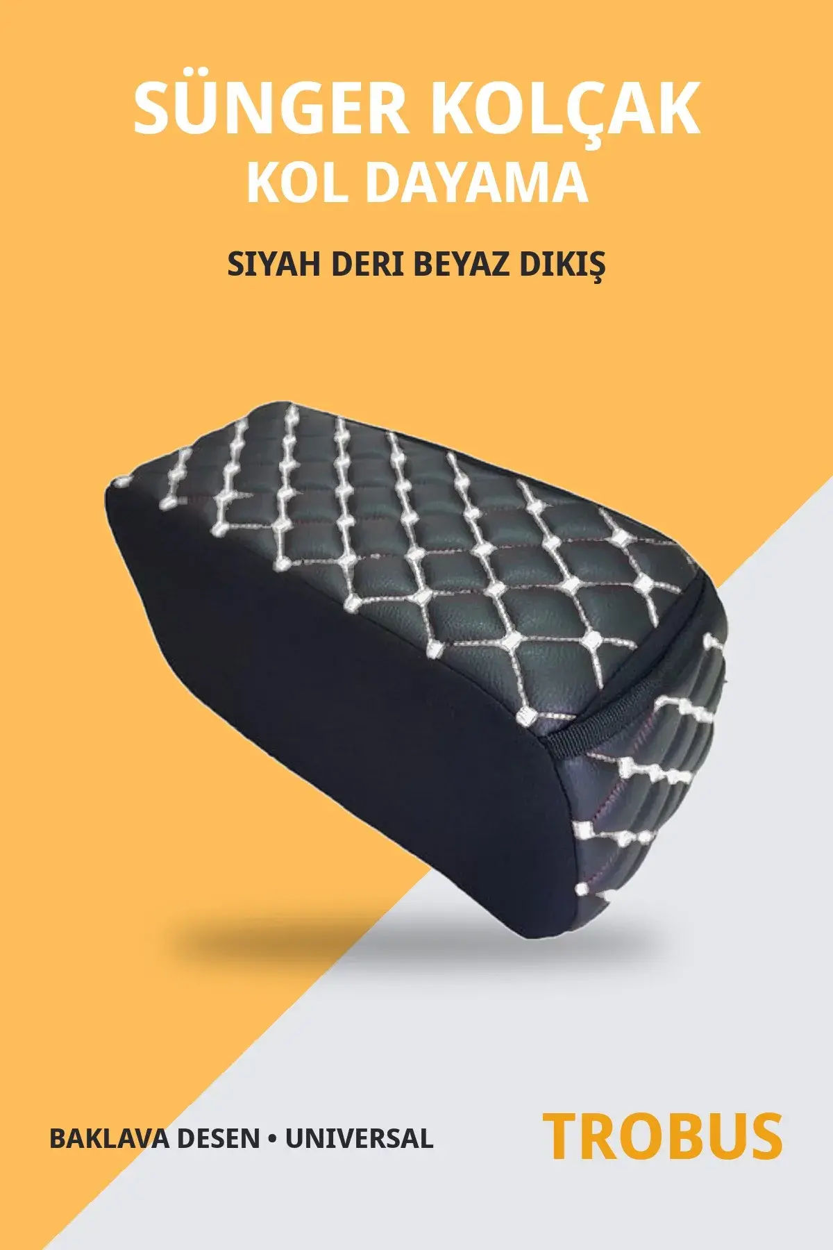 Sünger Kolçak Kol Dayama Baklava Desenli Suni Deri Universal Siyah Deri Beyaz Dikiş (1)
