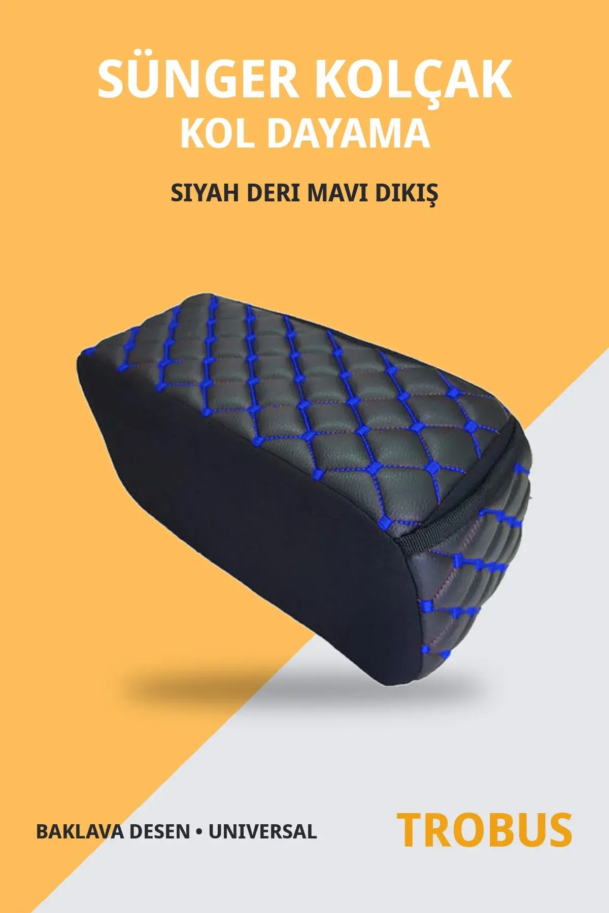 Sünger Kolçak Kol Dayama Baklava Desenli Suni Deri Universal Siyah Deri Mavi Dikiş (1)