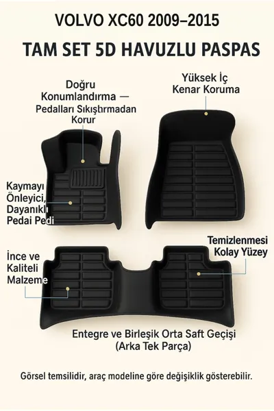 Volvo XC60 2009–2015 5D Havuzlu Paspas Tam Set Siyah – Arka Tek Parça, EVA Dolgu