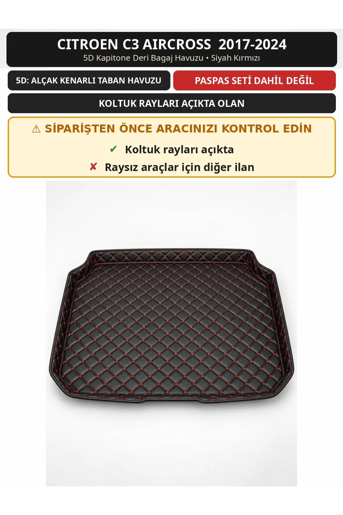 Citroen C3 Aircross 2017-2024 Koltuk Rayı Açık 5D Kapitone Deri Bagaj Havuzu Siyah Kırmızı (1)