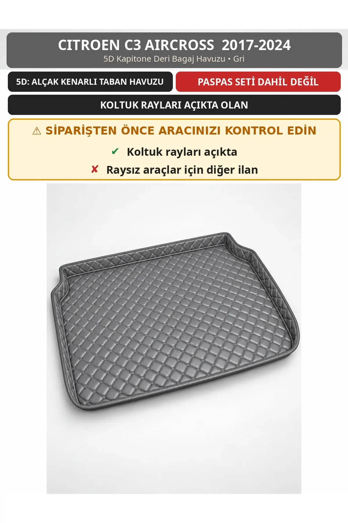 Citroen C3 Aircross 2017-2024 Koltuk Rayı Açık 5D Kapitone Deri Bagaj Havuzu Gri (1)