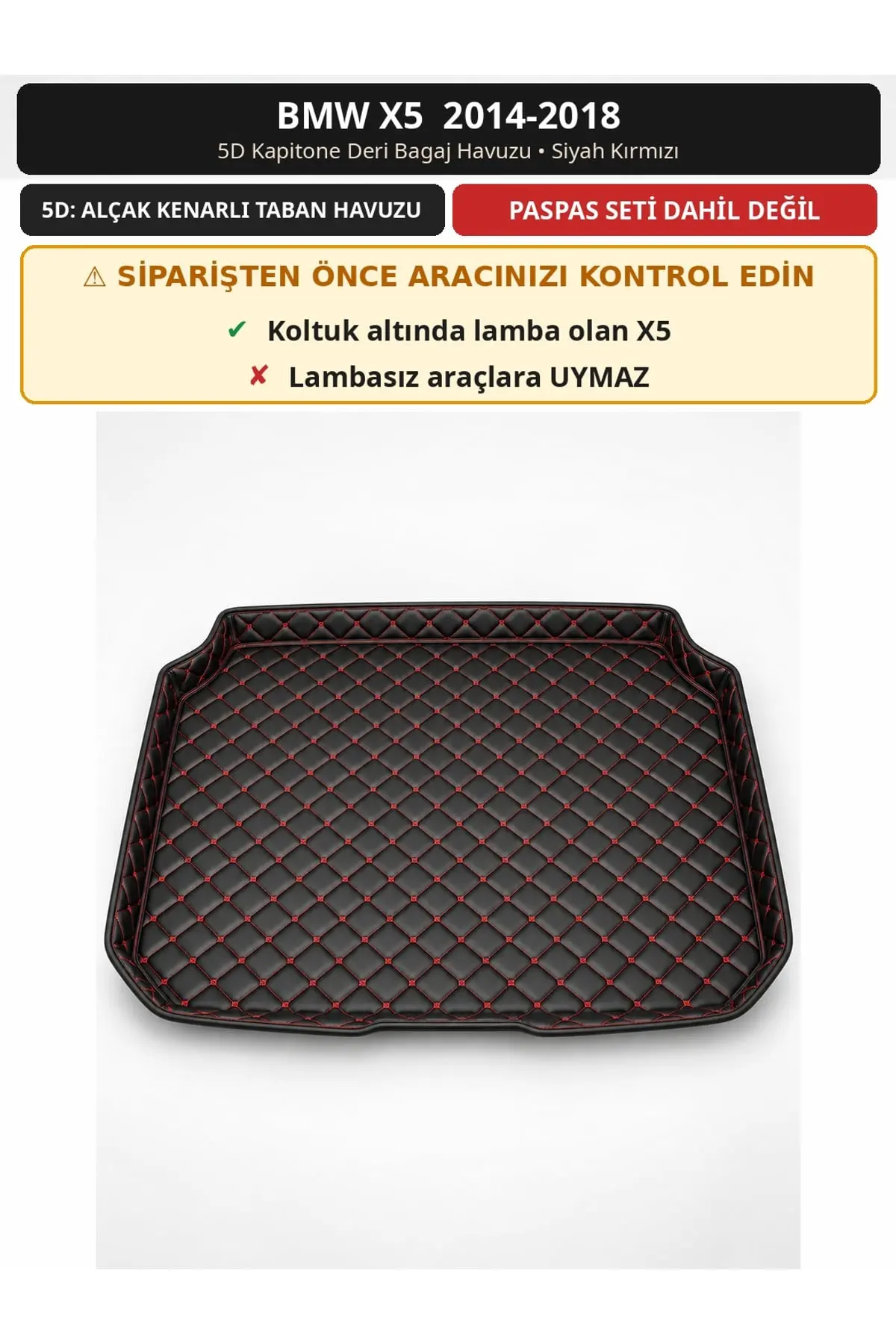 BMW X5 2014-2018 5D Kapitone Deri Bagaj Havuzu Siyah Kırmızı (1)