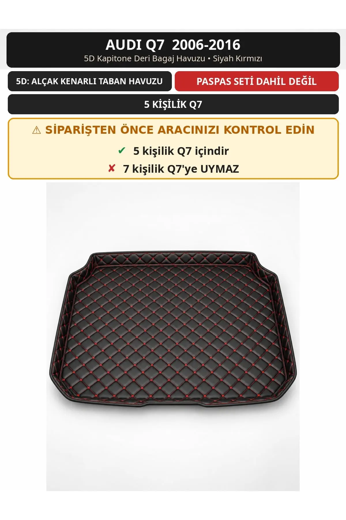 Audi Q7 2006-2016 5 Kişilik 5D Kapitone Deri Bagaj Havuzu Siyah Kırmızı (1)