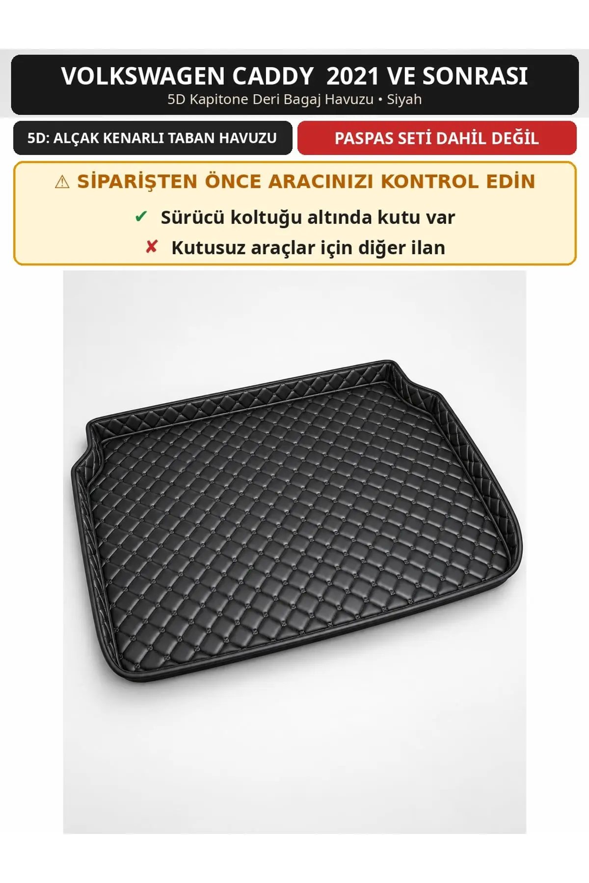 Volkswagen Caddy 2021+ Sürücü Altı Kutulu 5D Kapitone Deri Bagaj Havuzu Siyah (1)