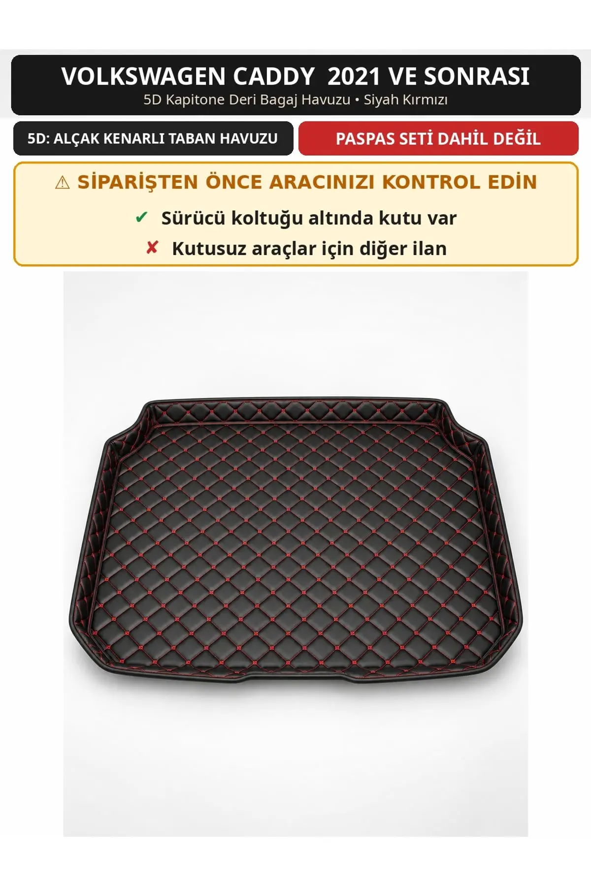 Volkswagen Caddy 2021+ Sürücü Altı Kutulu 5D Kapitone Deri Bagaj Havuzu Siyah Kırmızı (1)