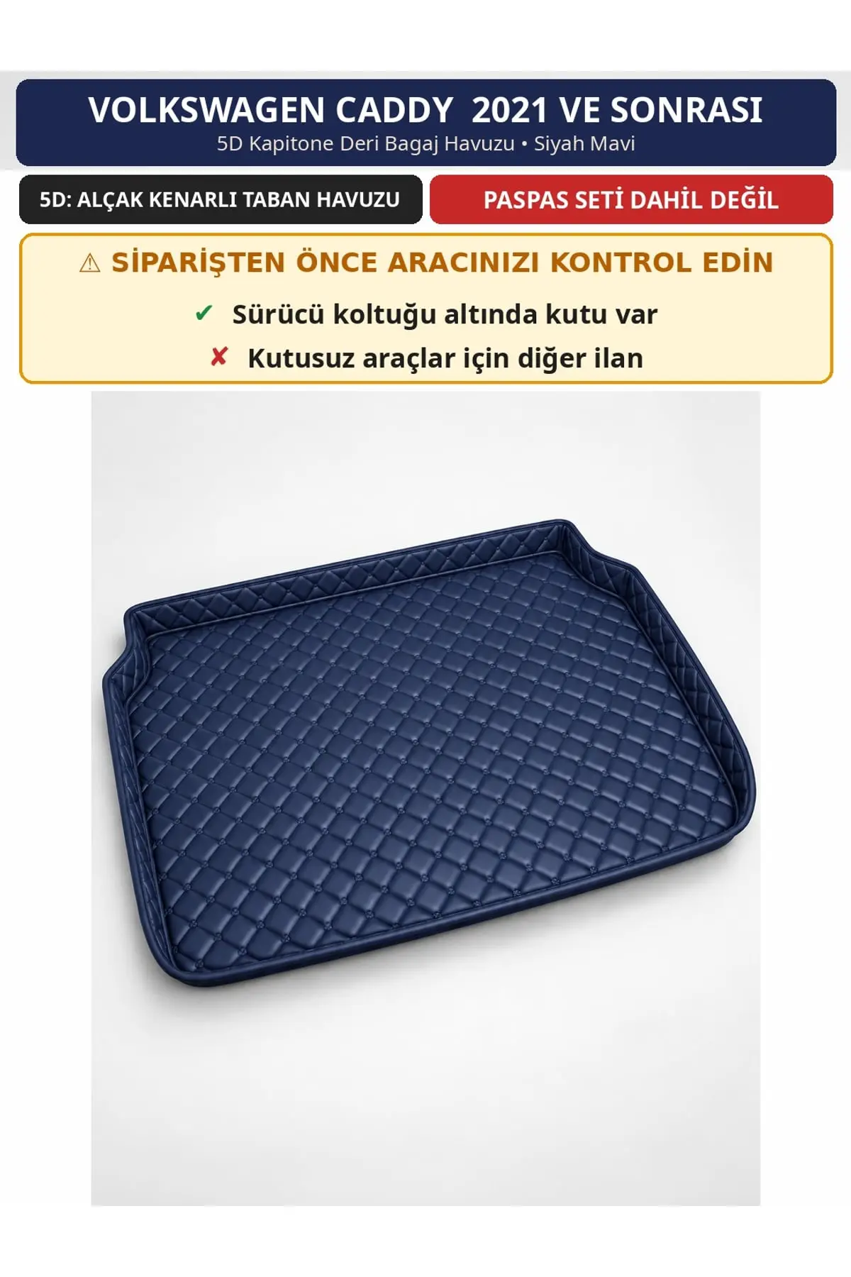 Volkswagen Caddy 2021+ Sürücü Altı Kutulu 5D Kapitone Deri Bagaj Havuzu Siyah Mavi (1)