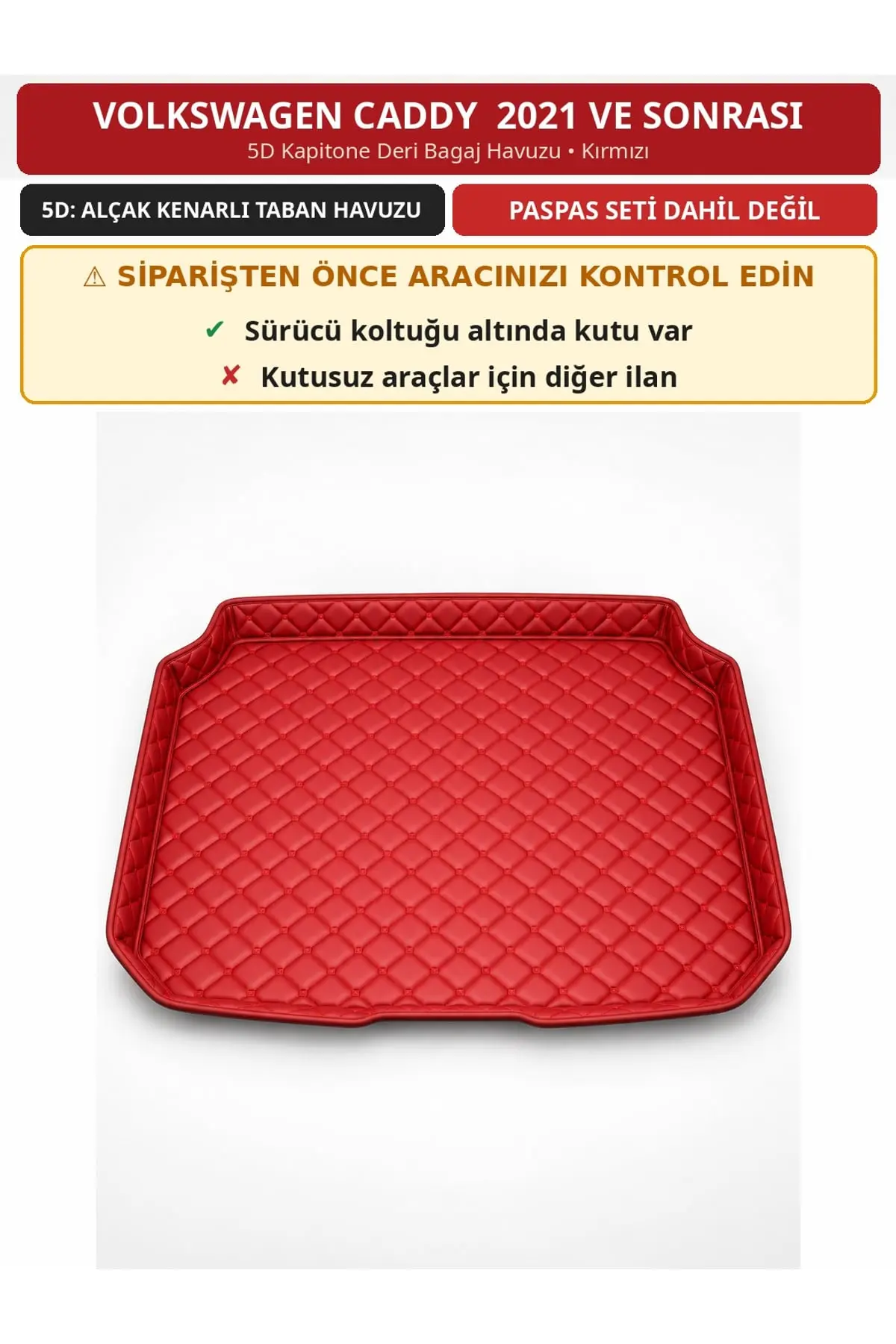 Volkswagen Caddy 2021+ Sürücü Altı Kutulu 5D Kapitone Deri Bagaj Havuzu Kırmızı (1)