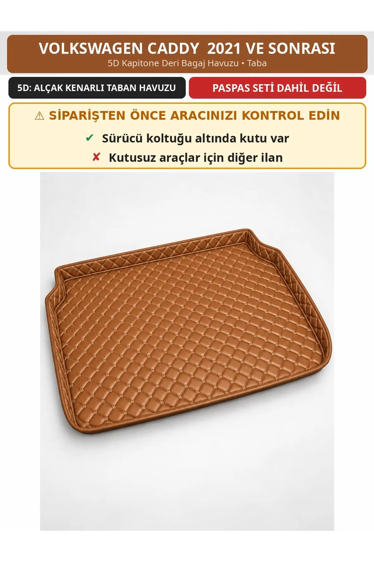 Volkswagen Caddy 2021+ Sürücü Altı Kutulu 5D Kapitone Deri Bagaj Havuzu Taba (1)