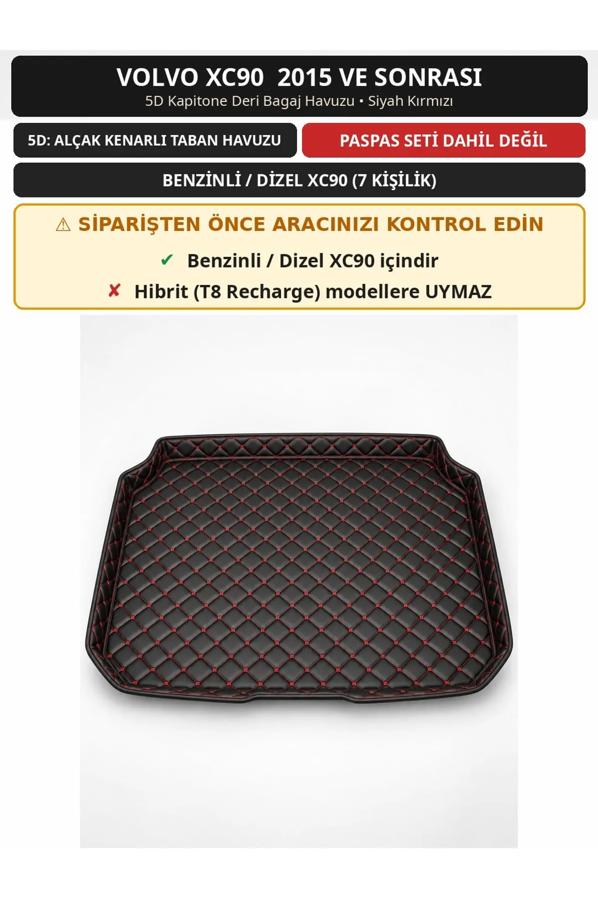 Volvo XC90 2015+ Benzinli/Dizel 5D Kapitone Deri Bagaj Havuzu Siyah Kırmızı (1)