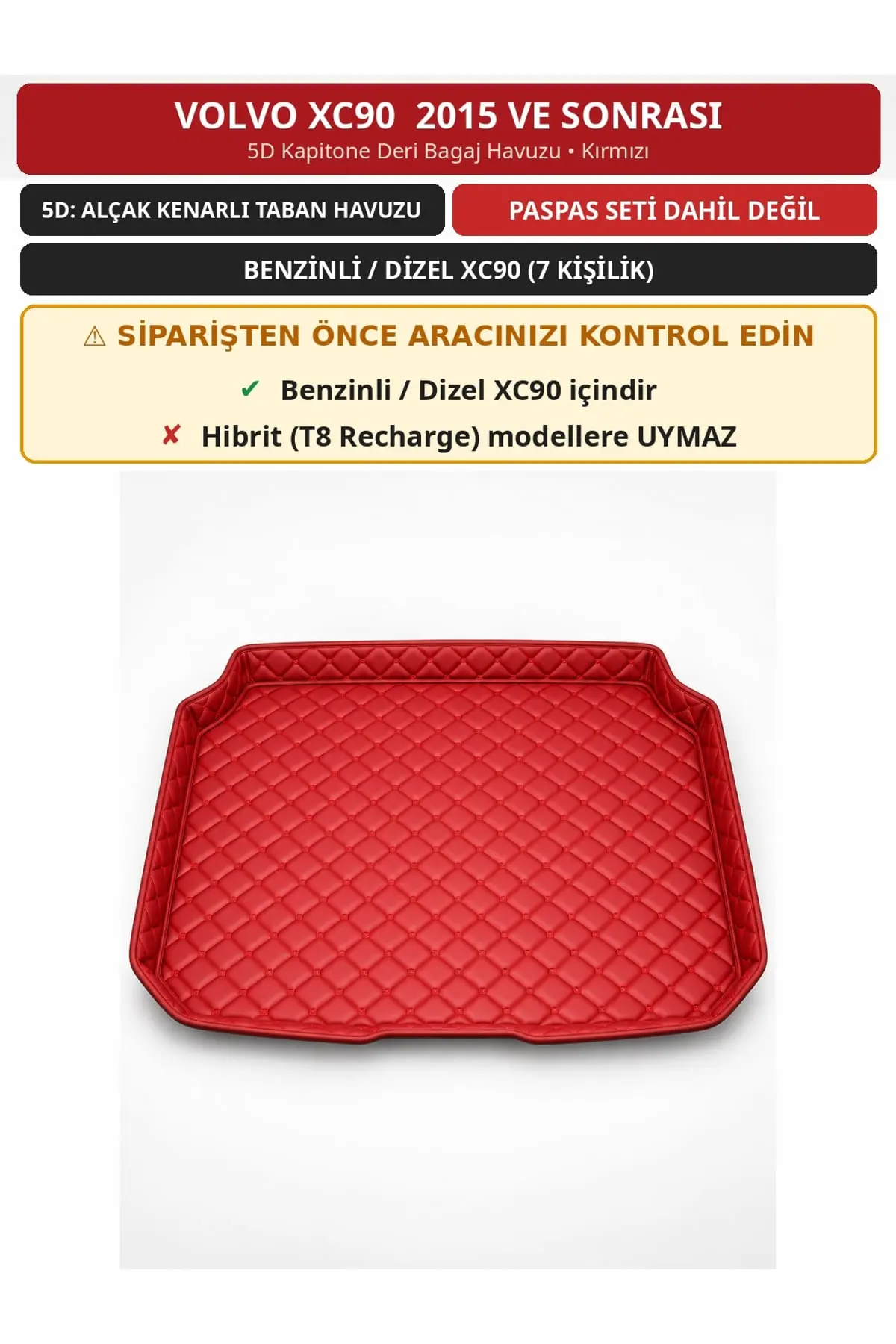 Volvo XC90 2015+ Benzinli/Dizel 5D Kapitone Deri Bagaj Havuzu Kırmızı (1)