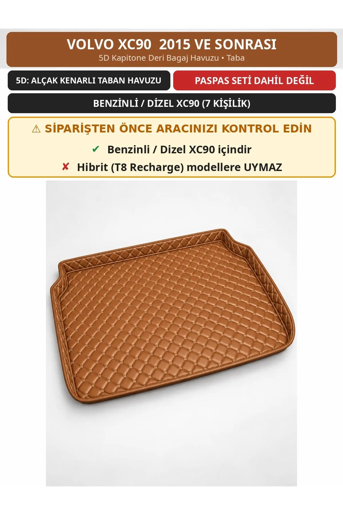 Volvo XC90 2015+ Benzinli/Dizel 5D Kapitone Deri Bagaj Havuzu Taba (1)