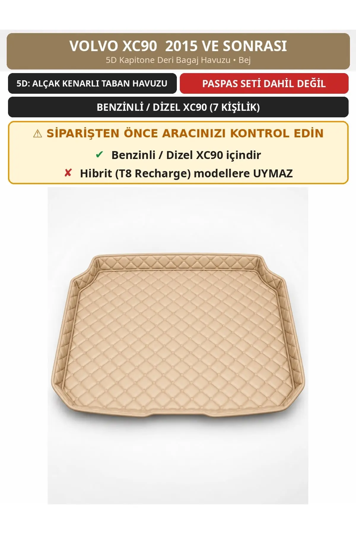 Volvo XC90 2015+ Benzinli/Dizel 5D Kapitone Deri Bagaj Havuzu Bej (1)