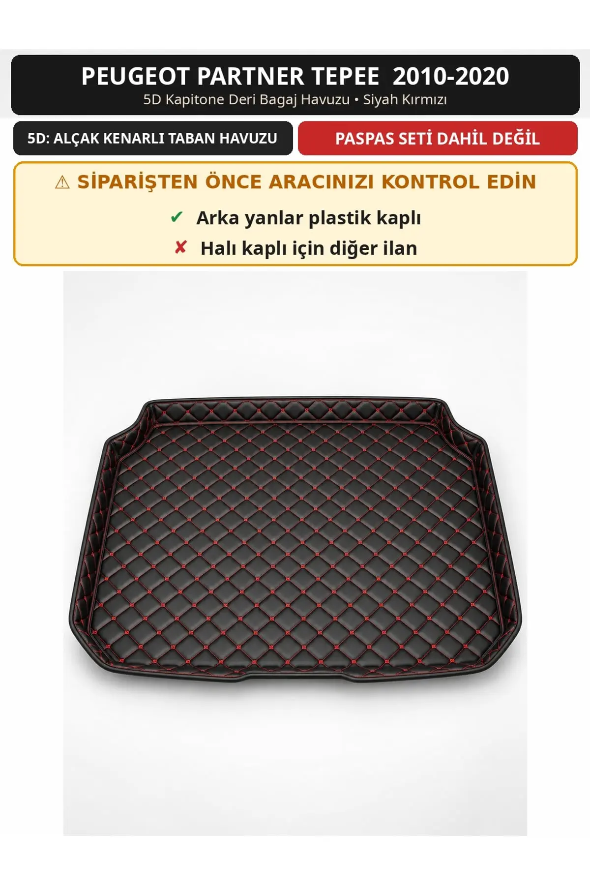 Peugeot Partner Tepee 2010-2020 Arka Yan Plastik 5D Kapitone Deri Bagaj Havuzu Siyah Kırmızı (1)