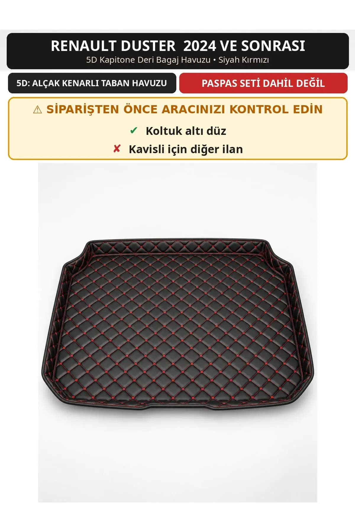 Renault Duster 2024+ Düz Koltuk Altı 5D Kapitone Deri Bagaj Havuzu Siyah Kırmızı (1)