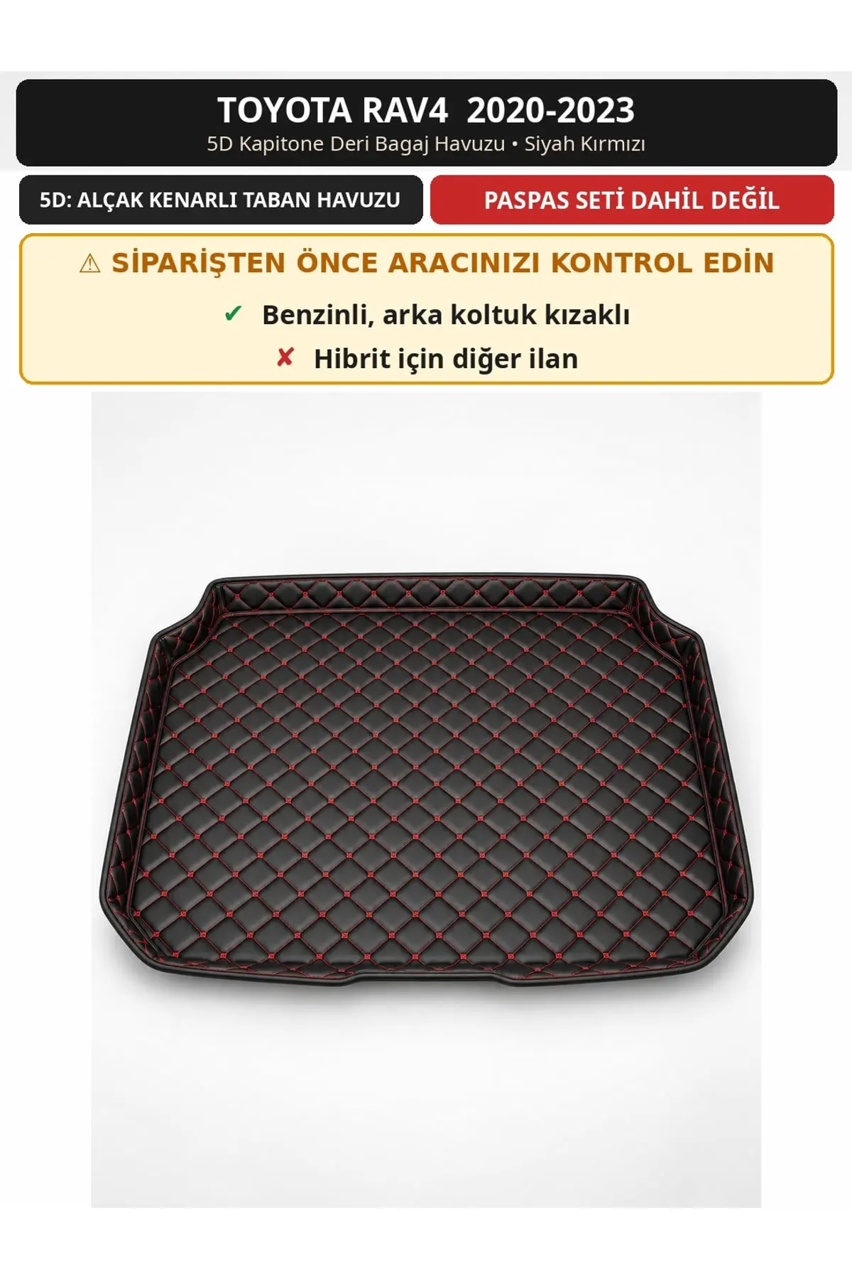 Toyota RAV4 2020-2023 Benzinli 5D Kapitone Deri Bagaj Havuzu Siyah Kırmızı (1)