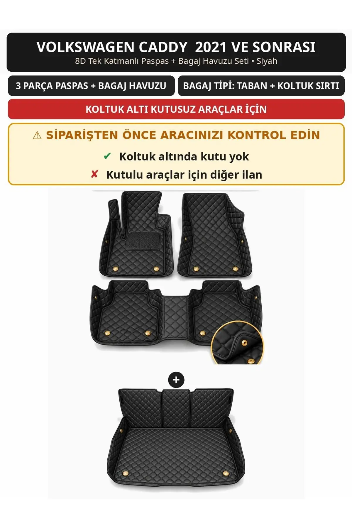 Volkswagen Caddy 2021+ Kutusuz 8D Tek Katmanlı Paspas + Bagaj Havuzu Seti Siyah (1)
