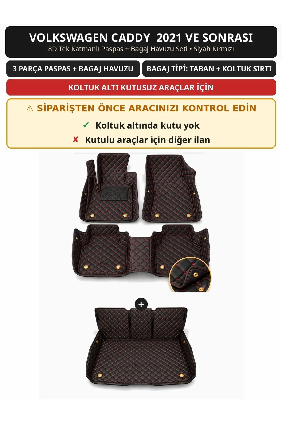 Volkswagen Caddy 2021+ Kutusuz 8D Tek Katmanlı Paspas + Bagaj Havuzu Seti Siyah Kırmızı (1)