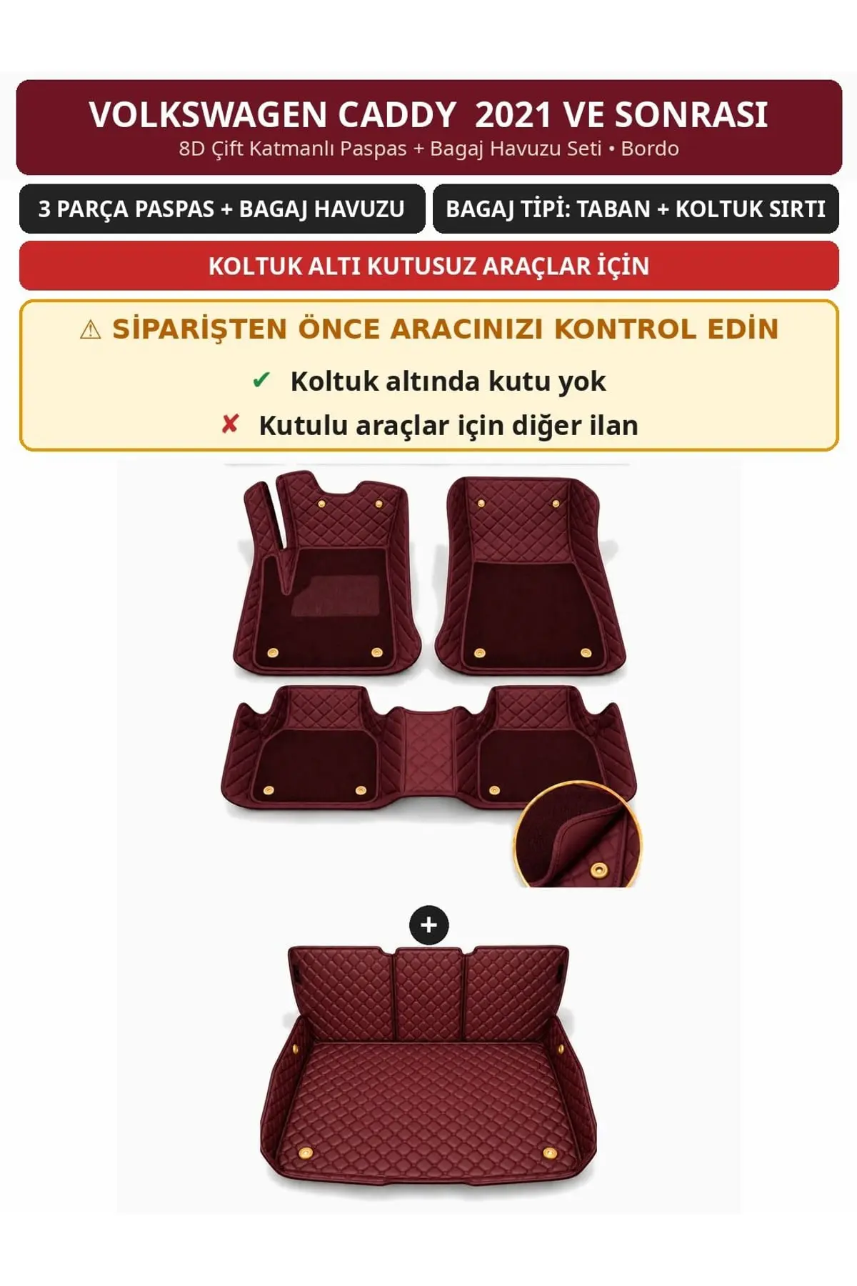 Volkswagen Caddy 2021+ Kutusuz 8D Çift Katmanlı Paspas + Bagaj Havuzu Seti Bordo (1)