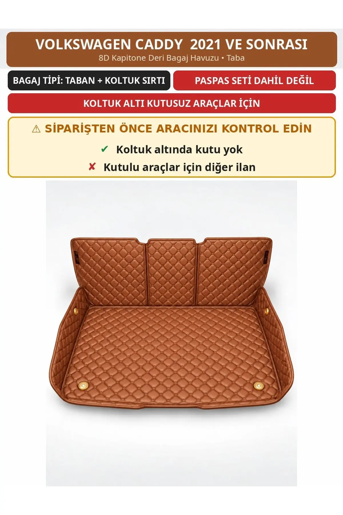 Volkswagen Caddy 2021+ Kutusuz 8D Kapitone Deri Bagaj Havuzu Sırt Kaplamalı Taba (1)