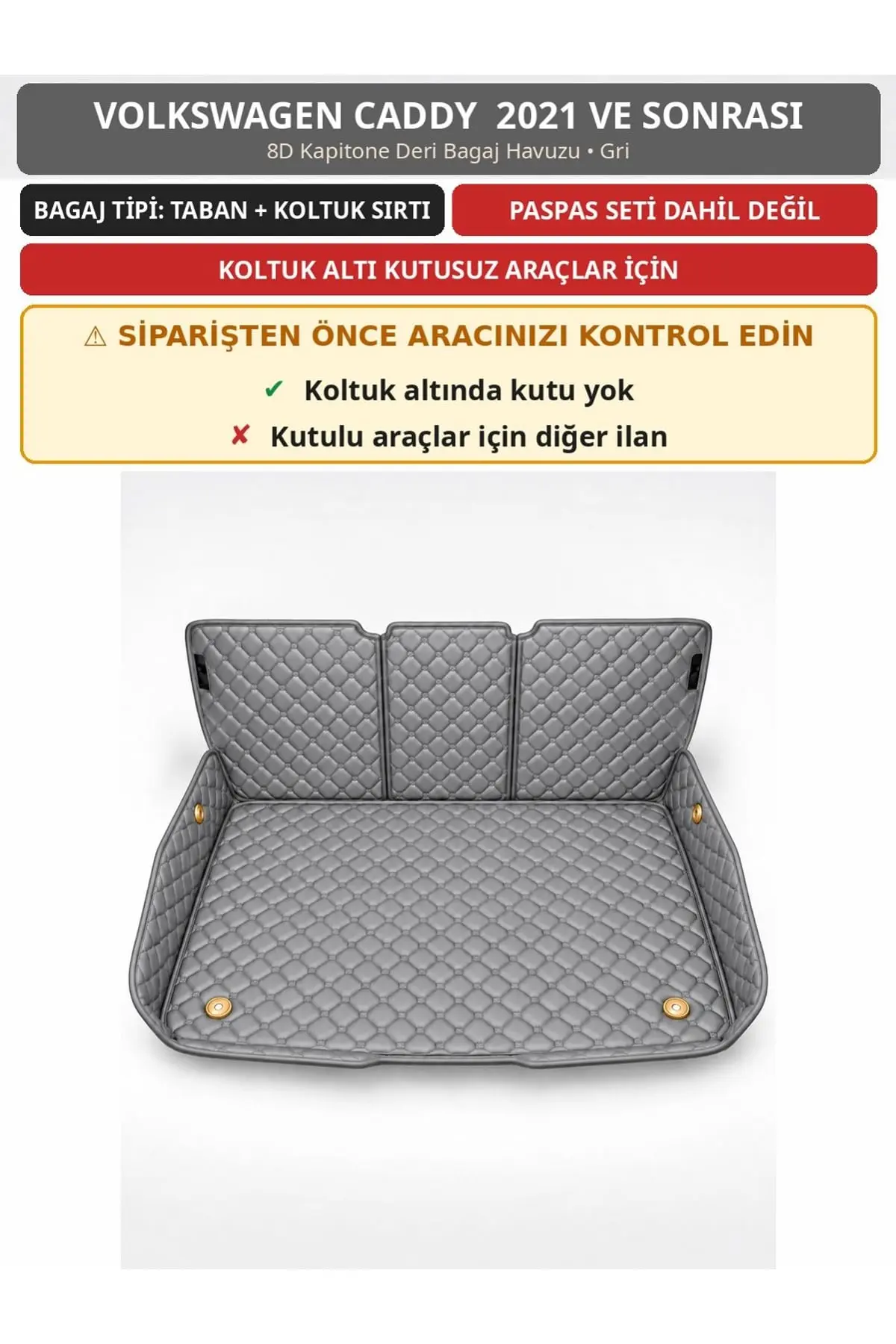 Volkswagen Caddy 2021+ Kutusuz 8D Kapitone Deri Bagaj Havuzu Sırt Kaplamalı Gri (1)