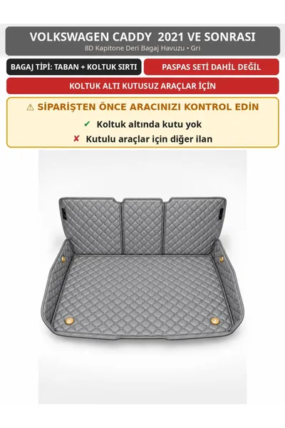 Volkswagen Caddy 2021+ Kutusuz 8D Kapitone Deri Bagaj Havuzu Sırt Kaplamalı Gri