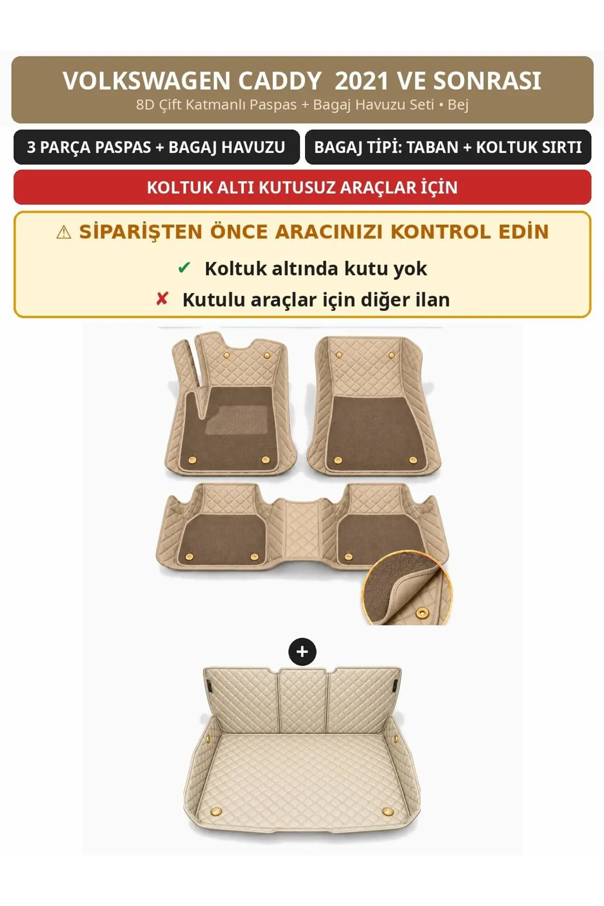 Volkswagen Caddy 2021+ Kutusuz 8D Çift Katmanlı Paspas + Bagaj Havuzu Seti Bej (1)
