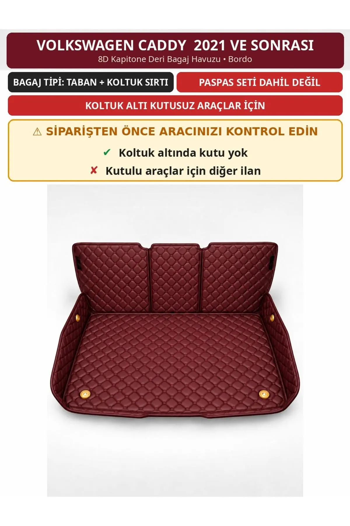Volkswagen Caddy 2021+ Kutusuz 8D Kapitone Deri Bagaj Havuzu Sırt Kaplamalı Bordo (1)