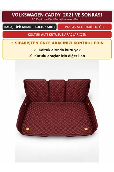 Volkswagen Caddy 2021+ Kutusuz 8D Kapitone Deri Bagaj Havuzu Sırt Kaplamalı Bordo