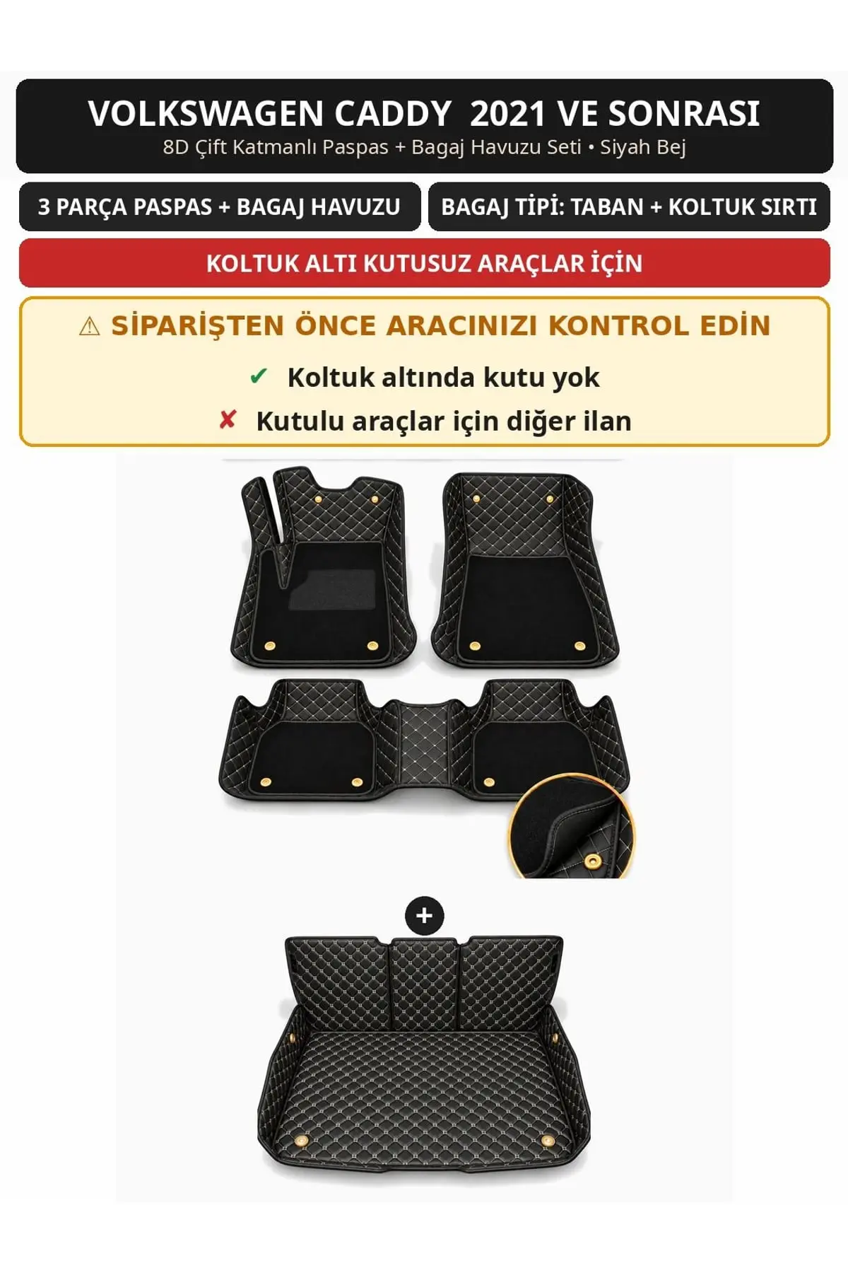 Volkswagen Caddy 2021+ Kutusuz 8D Çift Katmanlı Paspas + Bagaj Havuzu Seti Siyah Bej (1)