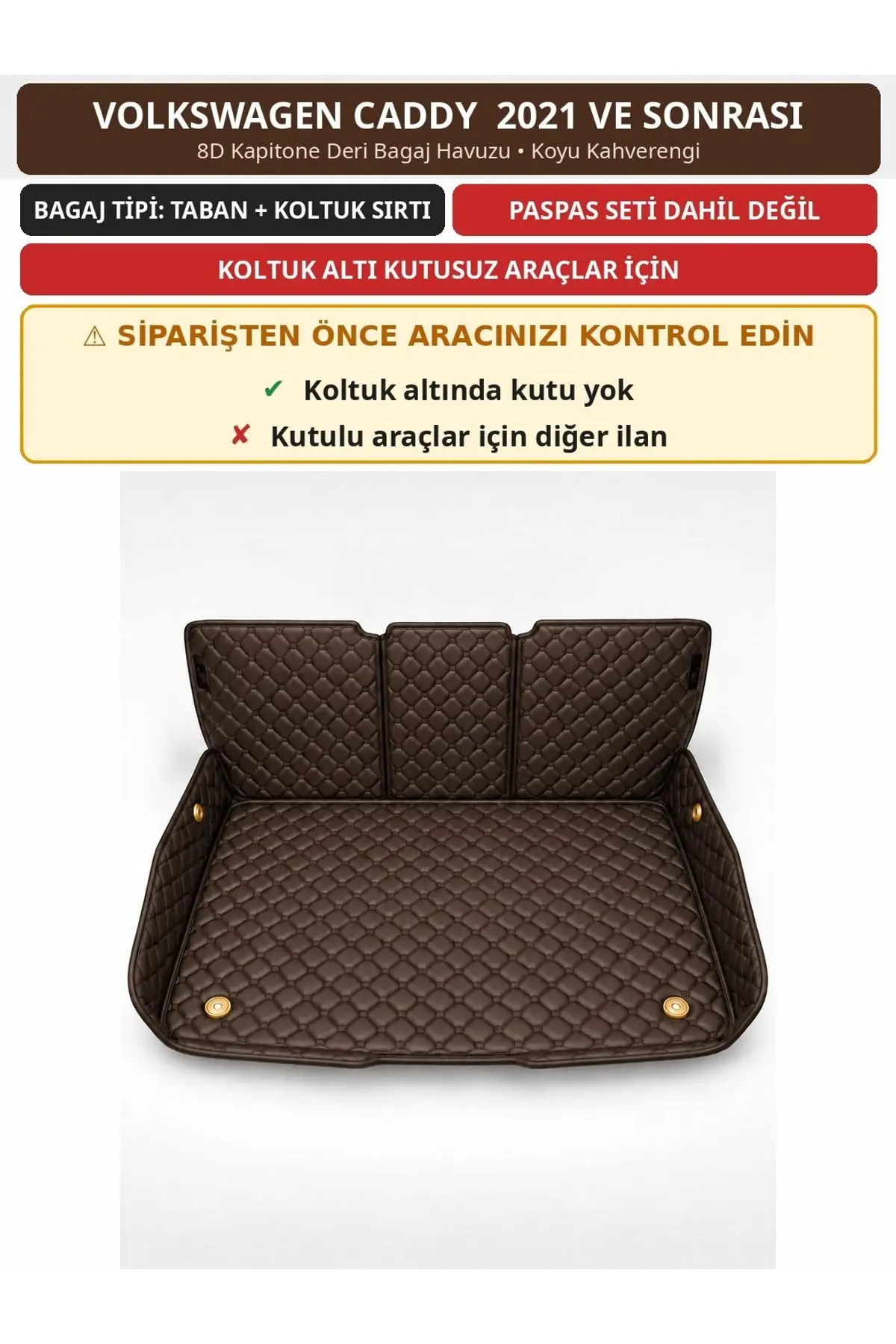 Volkswagen Caddy 2021+ Kutusuz 8D Kapitone Deri Bagaj Havuzu Sırt Kaplamalı Koyu Kahverengi (1)