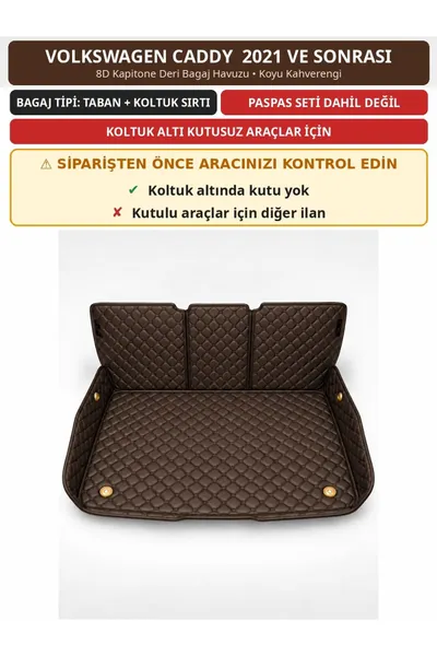Volkswagen Caddy 2021+ Kutusuz 8D Kapitone Deri Bagaj Havuzu Sırt Kaplamalı Koyu Kahverengi