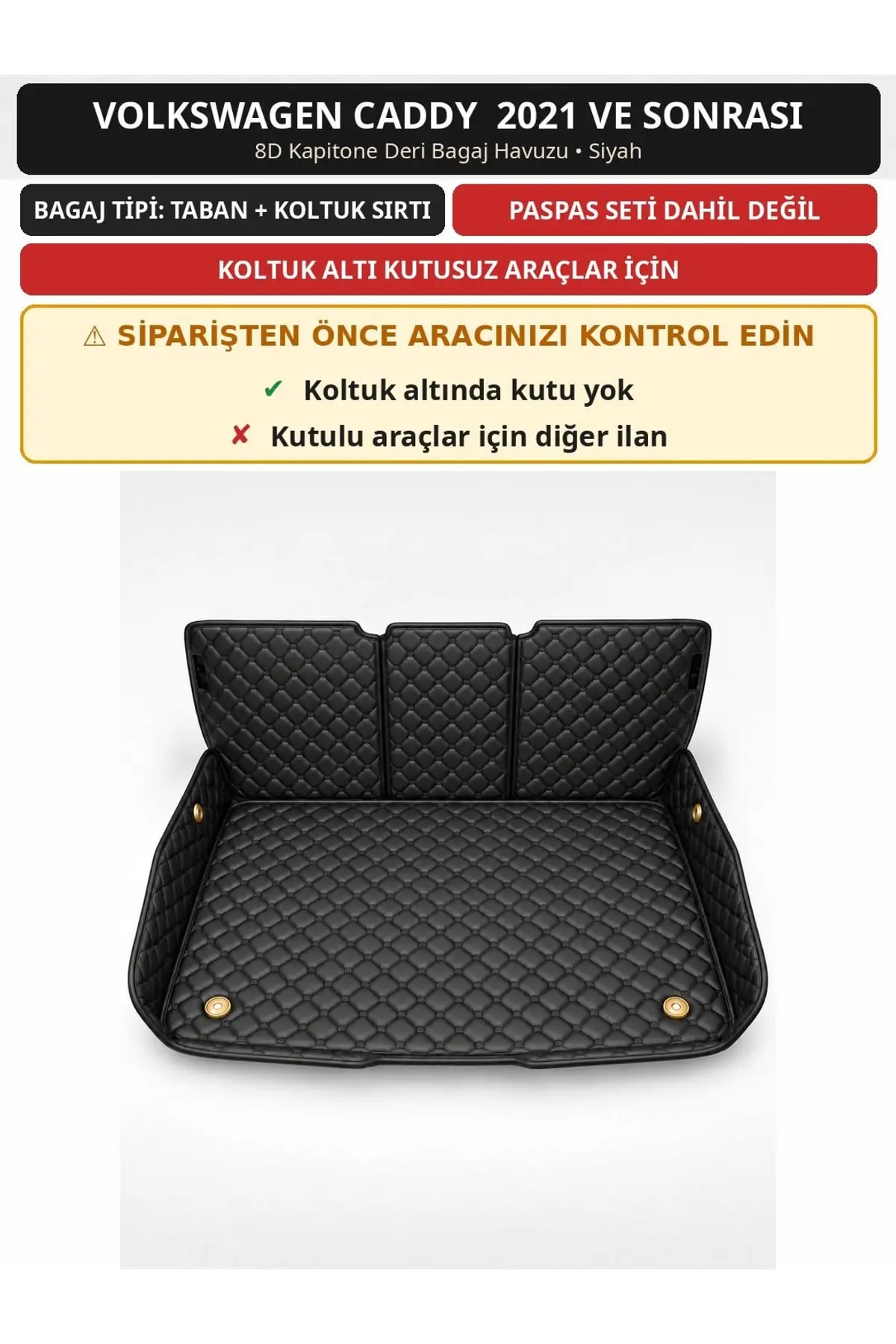 Volkswagen Caddy 2021+ Kutusuz 8D Kapitone Deri Bagaj Havuzu Sırt Kaplamalı Siyah (1)