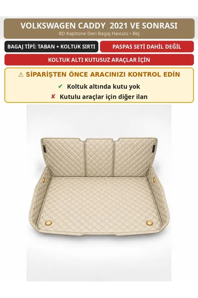 Volkswagen Caddy 2021+ Kutusuz 8D Kapitone Deri Bagaj Havuzu Sırt Kaplamalı Bej