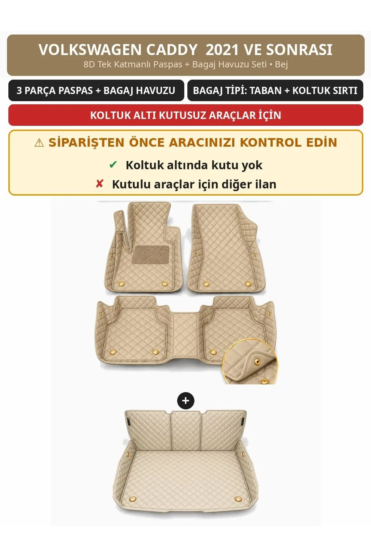 Volkswagen Caddy 2021+ Kutusuz 8D Tek Katmanlı Paspas + Bagaj Havuzu Seti Bej (1)