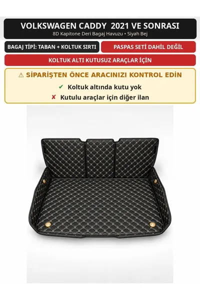 Volkswagen Caddy 2021+ Kutusuz 8D Kapitone Deri Bagaj Havuzu Sırt Kaplamalı Siyah Bej