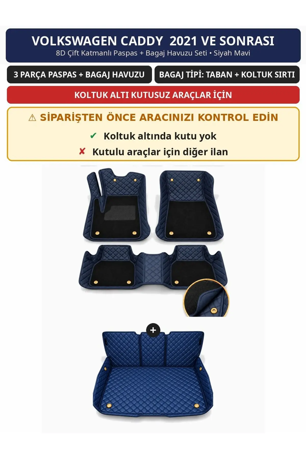 Volkswagen Caddy 2021+ Kutusuz 8D Çift Katmanlı Paspas + Bagaj Havuzu Seti Siyah Mavi (1)