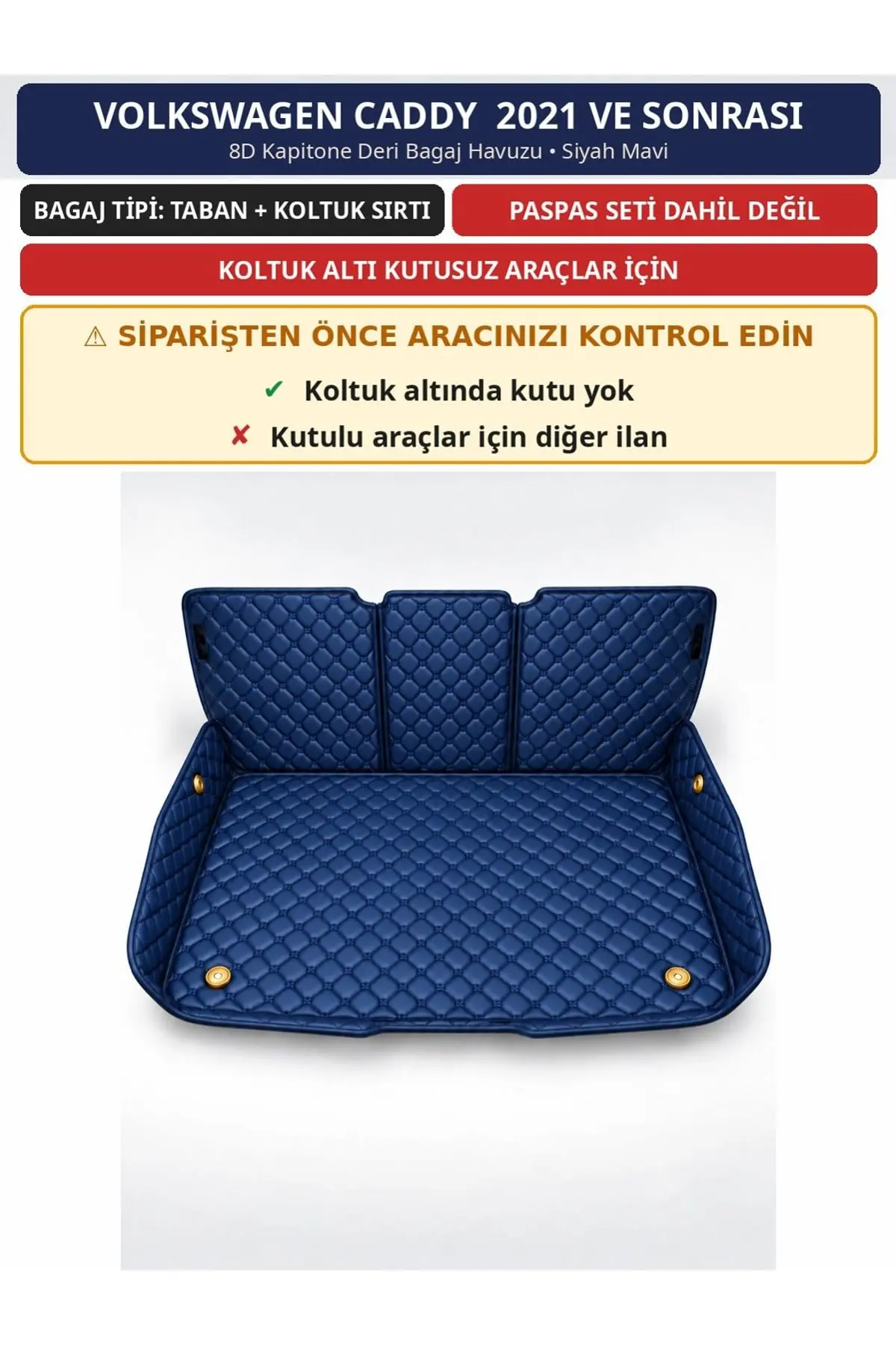 Volkswagen Caddy 2021+ Kutusuz 8D Kapitone Deri Bagaj Havuzu Sırt Kaplamalı Siyah Mavi (1)