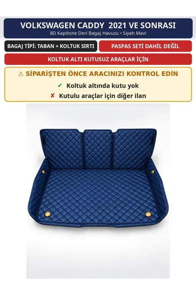 Volkswagen Caddy 2021+ Kutusuz 8D Kapitone Deri Bagaj Havuzu Sırt Kaplamalı Siyah Mavi