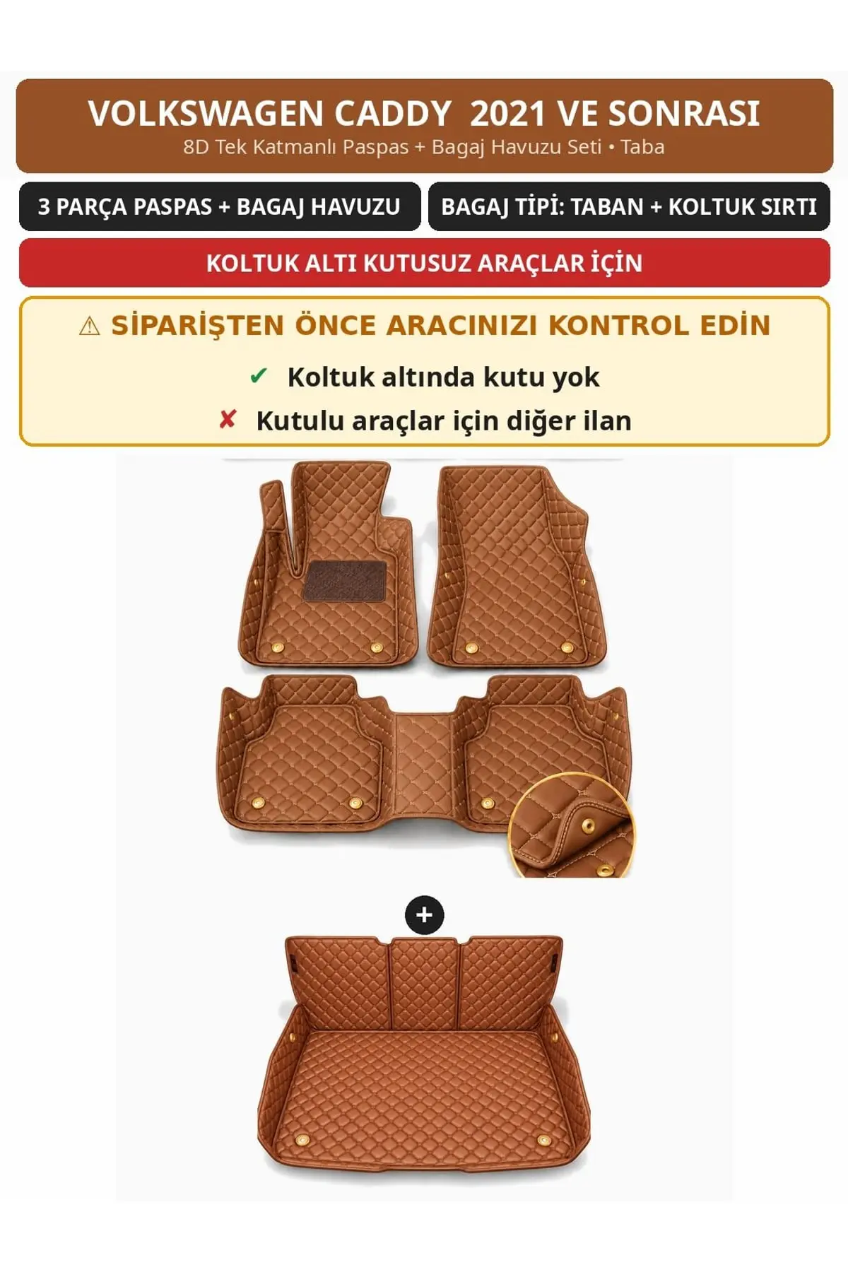Volkswagen Caddy 2021+ Kutusuz 8D Tek Katmanlı Paspas + Bagaj Havuzu Seti Taba (1)