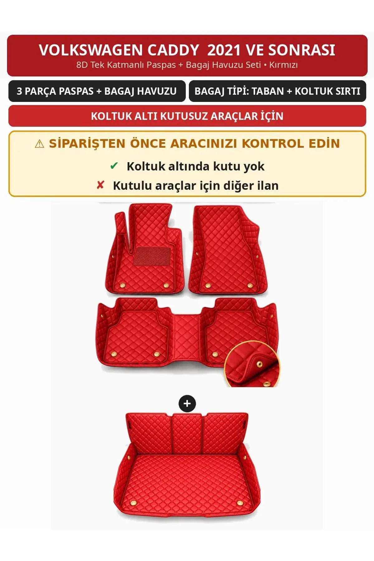 Volkswagen Caddy 2021+ Kutusuz 8D Tek Katmanlı Paspas + Bagaj Havuzu Seti Kırmızı (1)