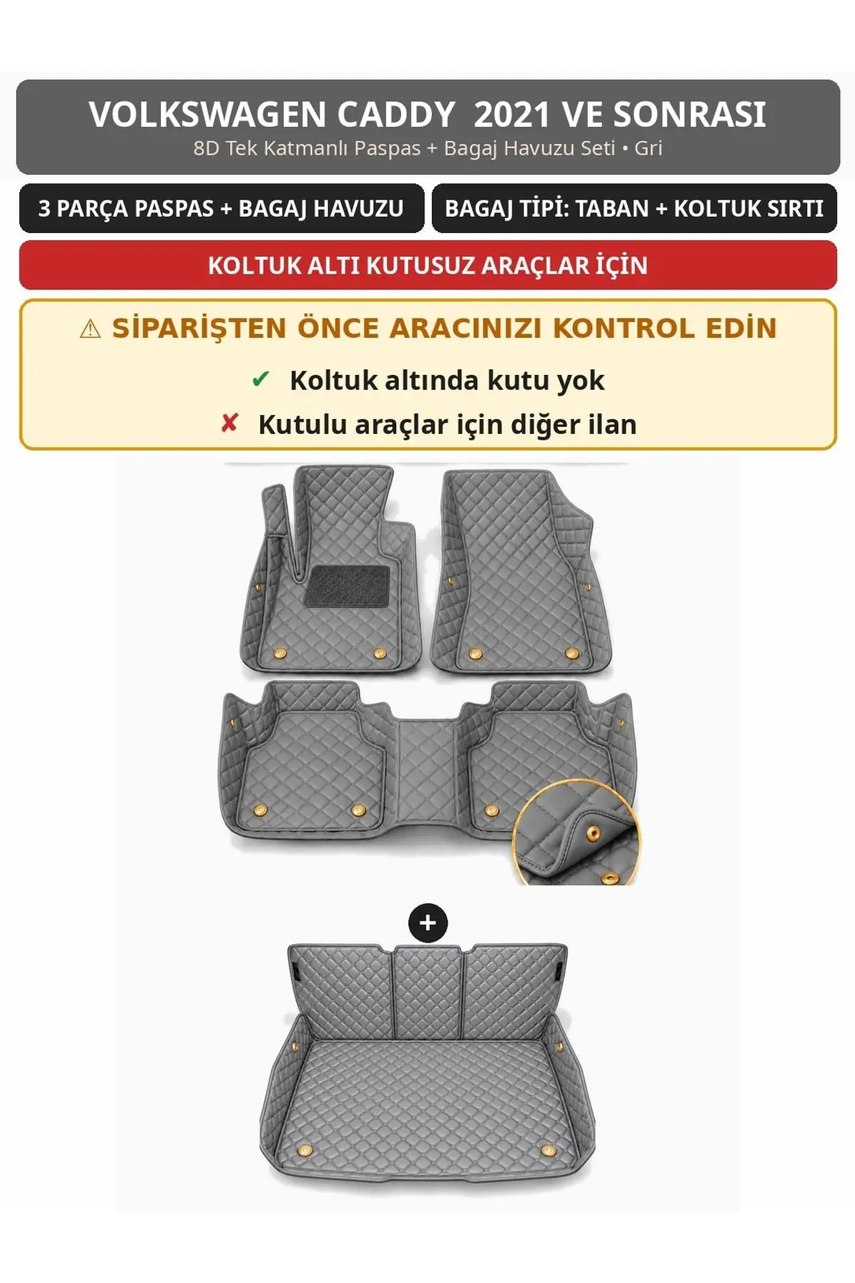 Volkswagen Caddy 2021+ Kutusuz 8D Tek Katmanlı Paspas + Bagaj Havuzu Seti Gri (1)