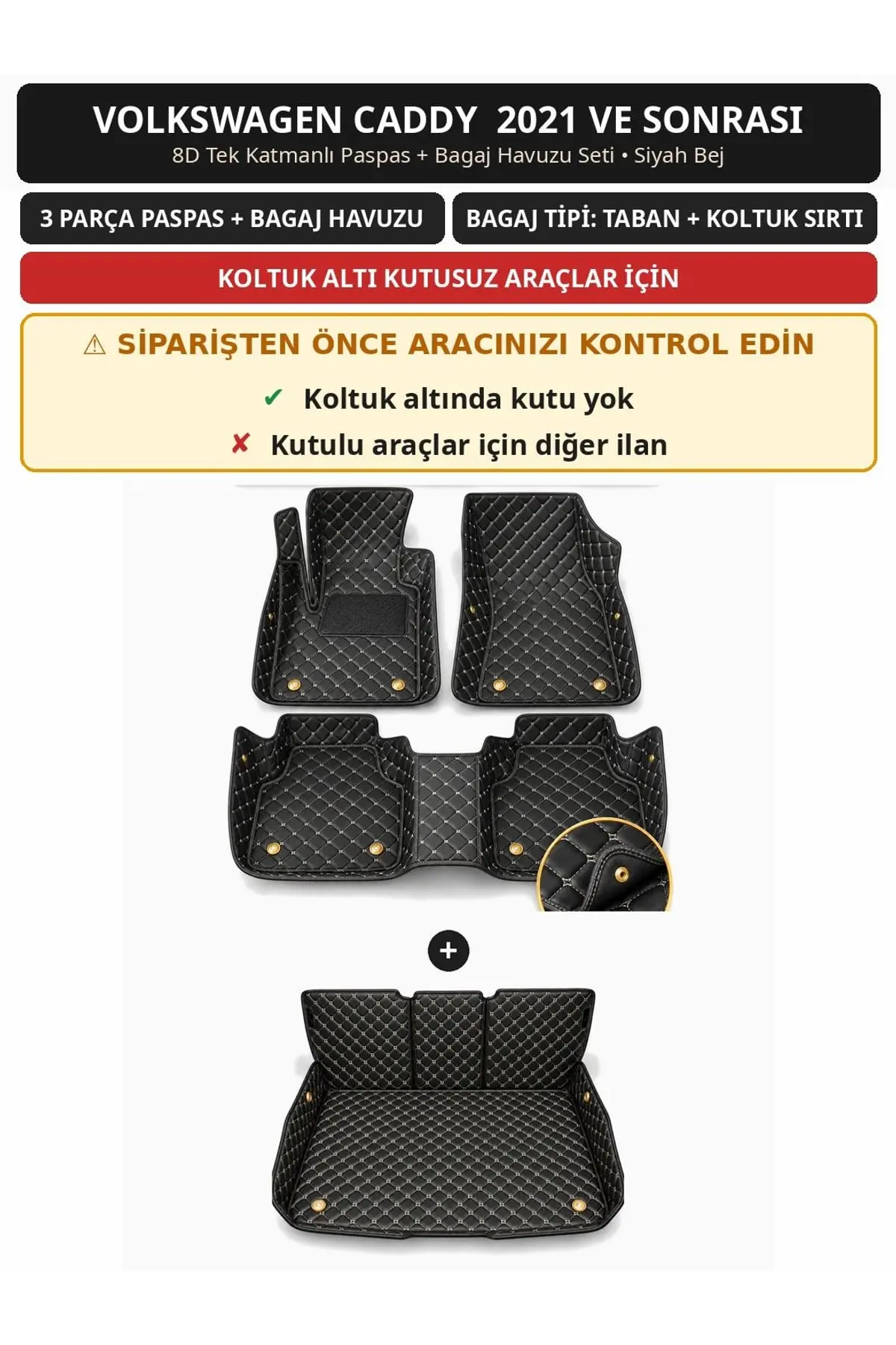 Volkswagen Caddy 2021+ Kutusuz 8D Tek Katmanlı Paspas + Bagaj Havuzu Seti Siyah Bej (1)