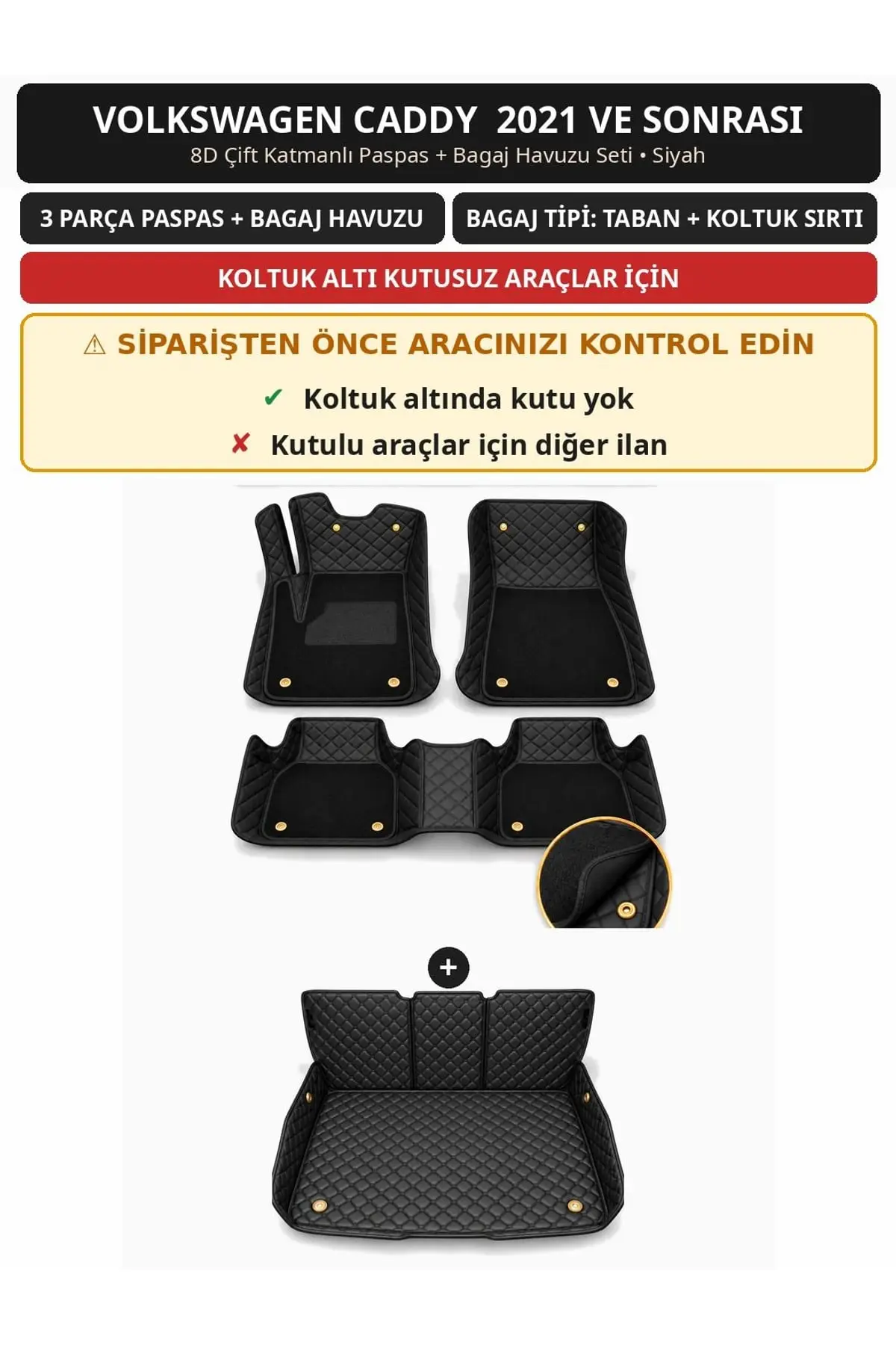 Volkswagen Caddy 2021+ Kutusuz 8D Çift Katmanlı Paspas + Bagaj Havuzu Seti Siyah (1)