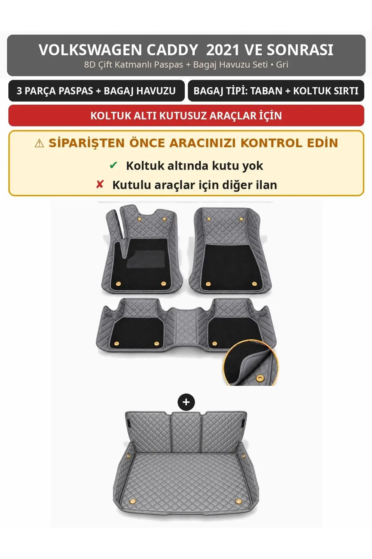 Volkswagen Caddy 2021+ Kutusuz 8D Çift Katmanlı Paspas + Bagaj Havuzu Seti Gri (1)